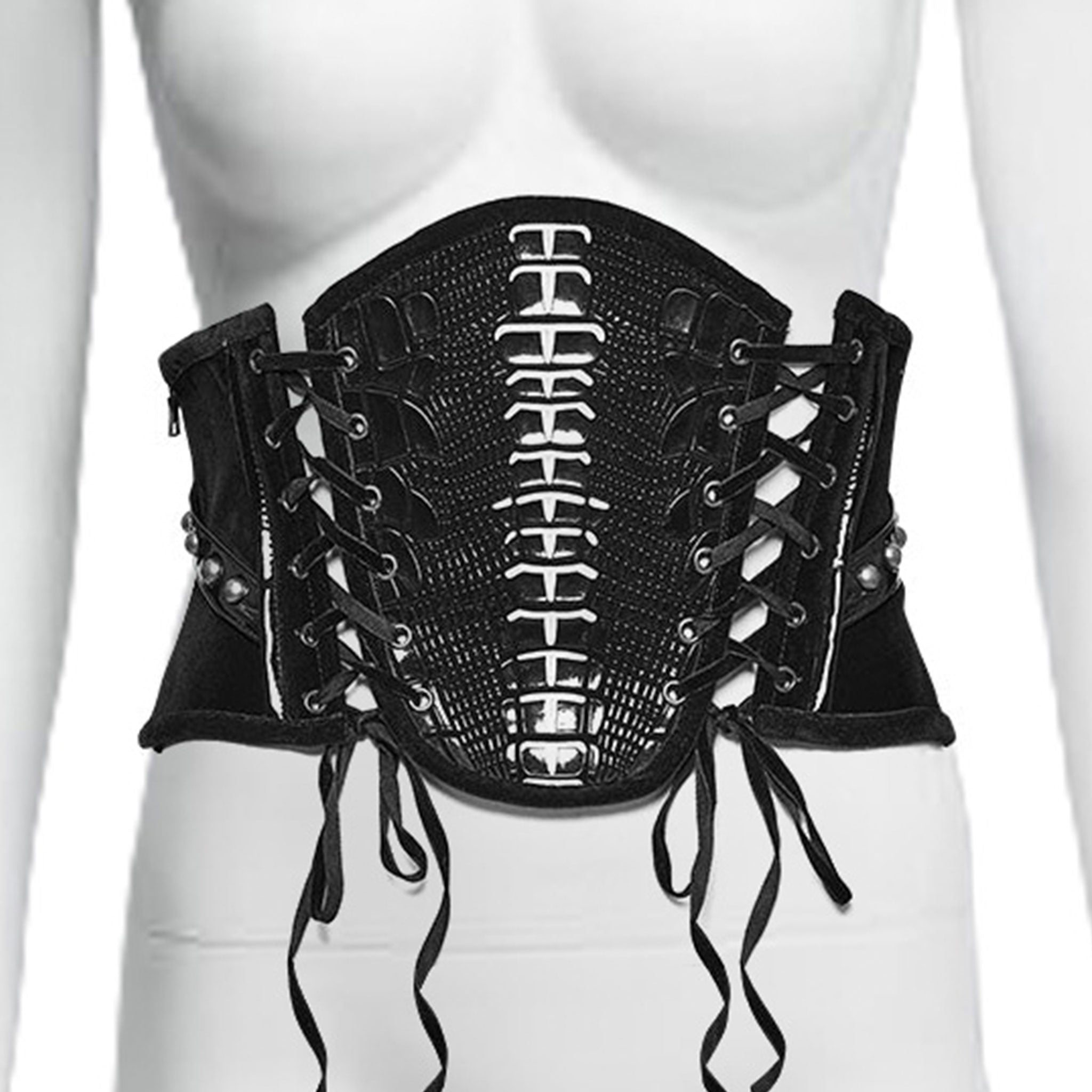 Velvet satin polyester PVC PU accessories top corset cincher underbust under-bust adjustable lace-up side-zip zipper back-laceup scaly reptile front-panel resilient luxurious durable smooth sophisticated elegant sleek close-fit slim-fit structured skeletal spinal mysterious sensual comfortable customizable-fit shiny glossy fetish fashion alt-fashion goth gothic punk cyber-punk cyberpunk cybergoth cyber-goth nu-goth ravewear rave dark-raver costume cosplay halloween skeleton snake unisex black