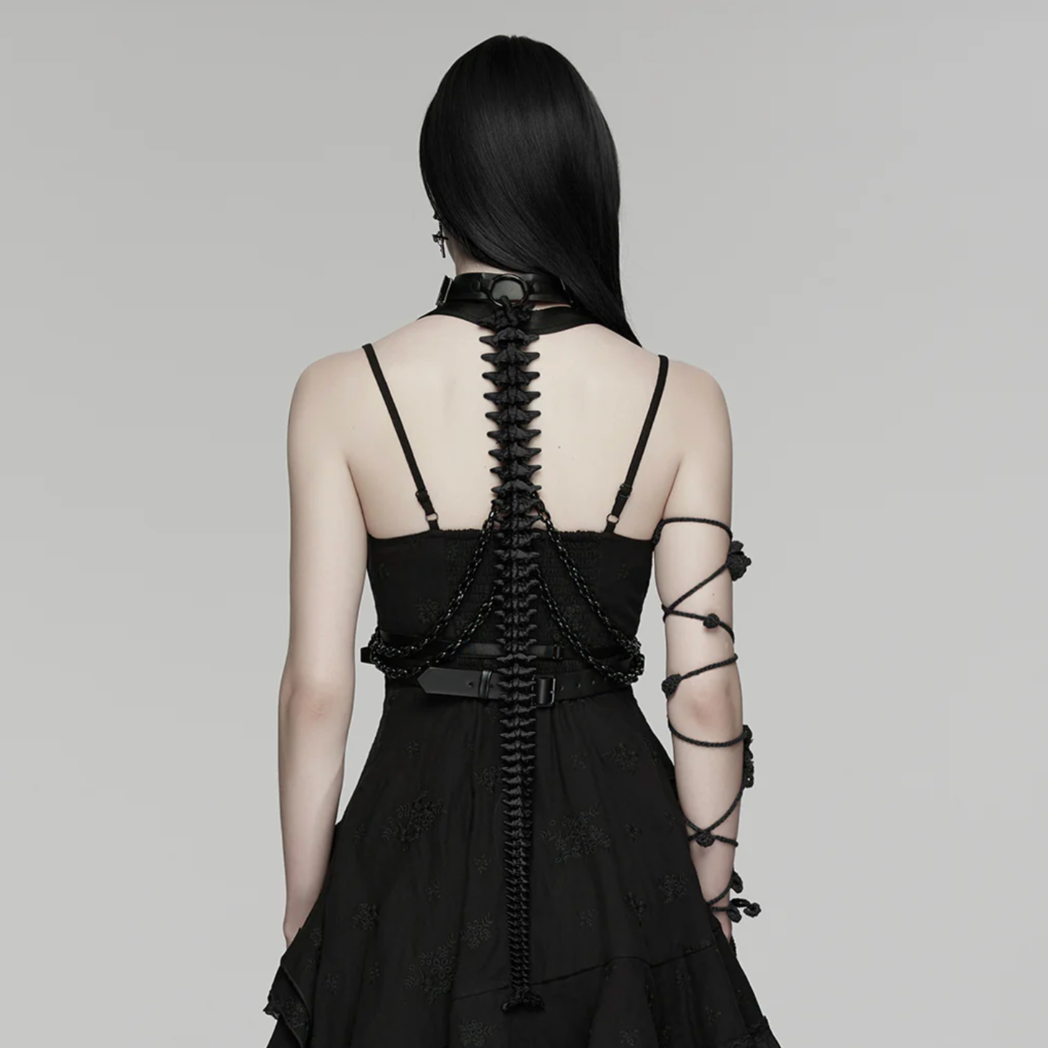 spine harness spiked chain body strap leather harness gothic punk accessory adjustable straps cyberpunk style edgy body harness statement piece