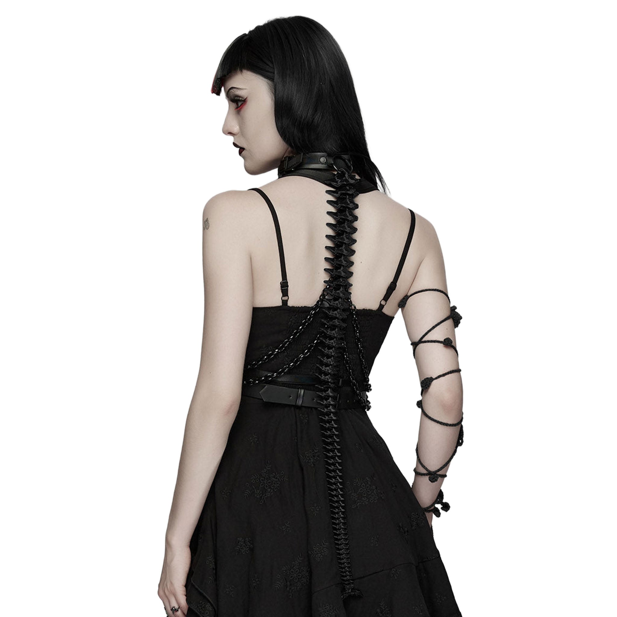Polyurethane PU PU-leather plastic-chain apparel accessories harness chest-harness 3D-printed spike spikes spiked spine spinal spine-inspired collar adjustable straps buckle safety-buckle press-stud spring-clip D-ring O-ring stylish edgy customizable body-contouring structured bold striking sleek serpentine fetish fashion alt-fashion punk goth gothic goth-doll cyber costume cosplay halloween alien xenomorph skeleton skeletal afterdark unisex black green