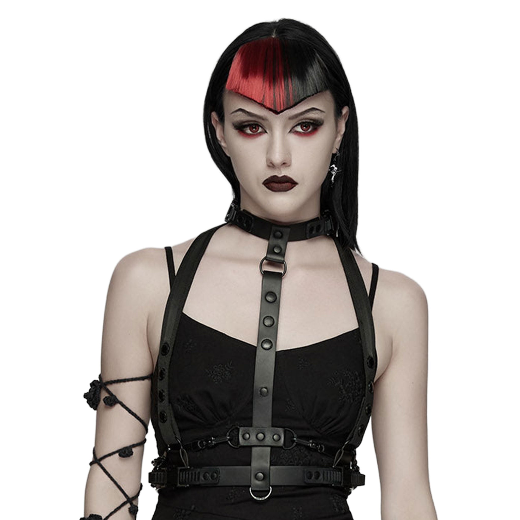 Polyurethane PU PU-leather plastic-chain apparel accessories harness chest-harness 3D-printed spike spikes spiked spine spinal spine-inspired collar adjustable straps buckle safety-buckle press-stud spring-clip D-ring O-ring stylish edgy customizable body-contouring structured bold striking sleek serpentine fetish fashion alt-fashion punk goth gothic goth-doll cyber costume cosplay halloween alien xenomorph skeleton skeletal afterdark unisex black green