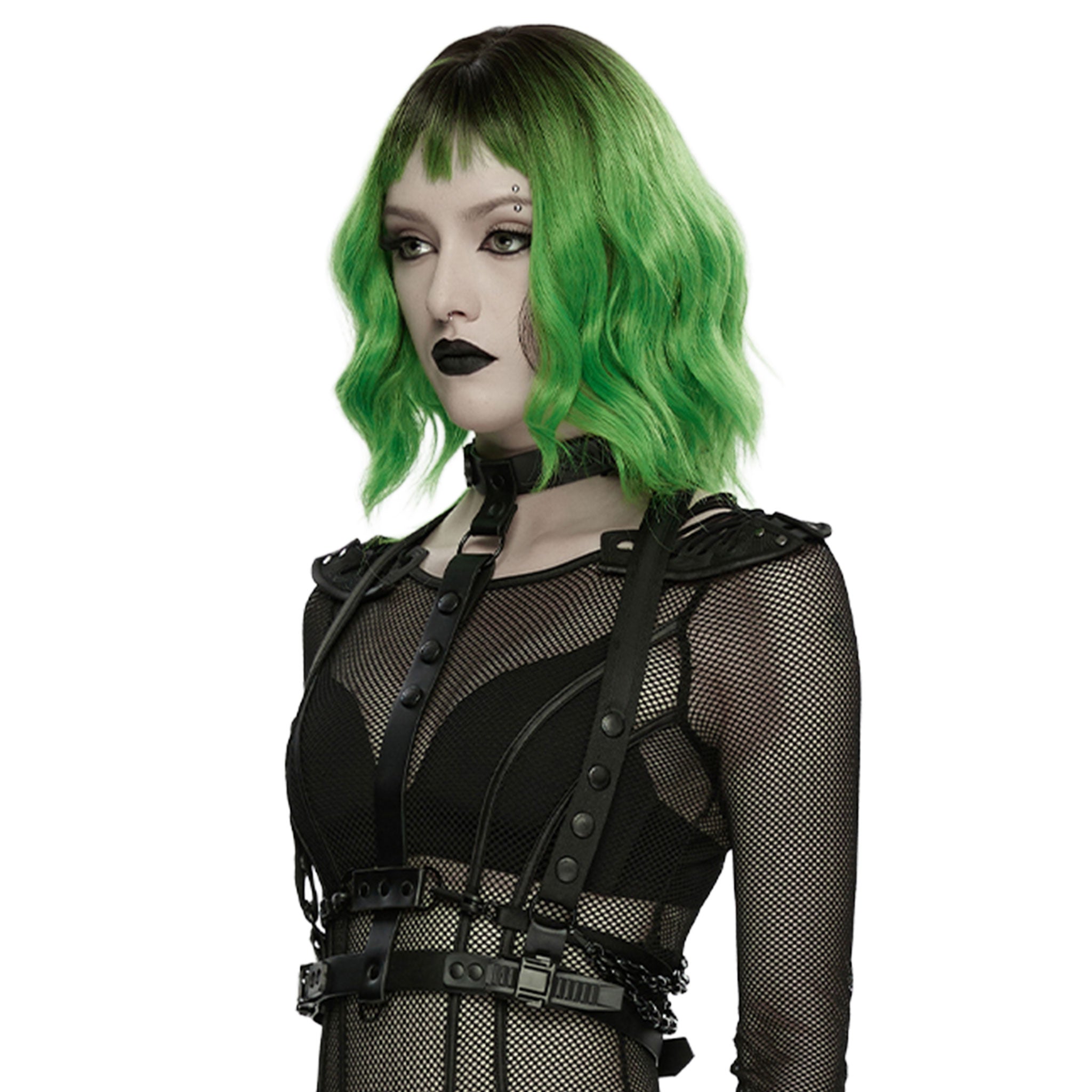 Polyurethane PU PU-leather plastic-chain apparel accessories harness chest-harness 3D-printed spike spikes spiked spine spinal spine-inspired collar adjustable straps buckle safety-buckle press-stud spring-clip D-ring O-ring stylish edgy customizable body-contouring structured bold striking sleek serpentine fetish fashion alt-fashion punk goth gothic goth-doll cyber costume cosplay halloween alien xenomorph skeleton skeletal afterdark unisex black green
