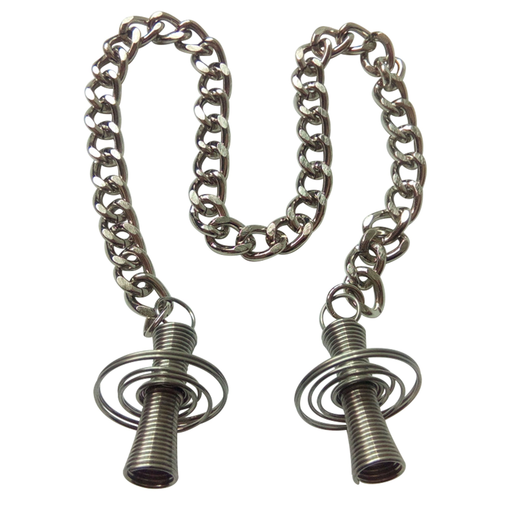 Stainless-steel nipple clamp nipple-clamp coiled spiral spring nipple-play chain cuban-link connecting-chain hanging-chain flared-handle bdsm bondage bdsm-play bdsm-toys bdsm-gear sadism masochism fetish fashion kink kinky kinky-play unique adult-toys silver