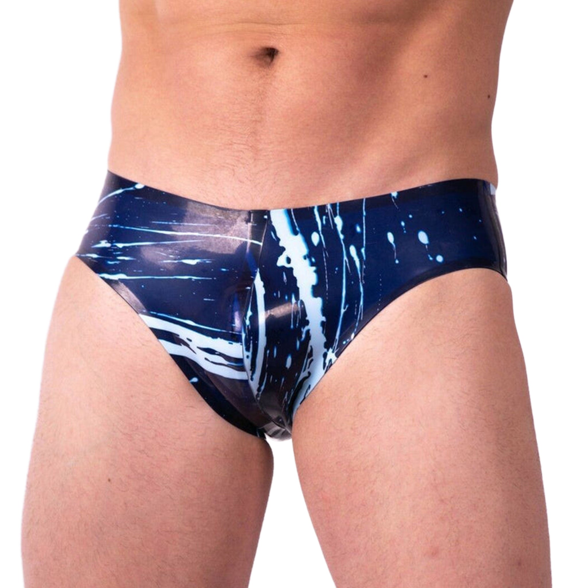 Latex rubber medical-grade deproteinated apparel bottoms intimates lingerie shorts underwear briefs full-cut suggestive sexy fashionable versatile intriguing fetish fashion alt-fashion alternative punk cyber bondage bdsm bdsm-fashion kink kinky kinkwear costume cosplay halloween male masculine masc mens menswear guys dudes splatter-pattern blue light-blue