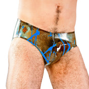 Latex rubber medical-grade deproteinated apparel bottoms intimates lingerie shorts underwear briefs full-cut suggestive sexy fashionable versatile intriguing fetish fashion alt-fashion alternative punk cyber bondage bdsm bdsm-fashion kink kinky kinkwear costume cosplay halloween male masculine masc mens menswear guys dudes splatter-pattern transparent-smoke blue 