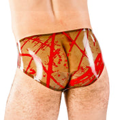 Latex rubber medical-grade deproteinated apparel bottoms intimates lingerie shorts underwear briefs full-cut suggestive sexy fashionable versatile intriguing fetish fashion alt-fashion alternative punk cyber bondage bdsm bdsm-fashion kink kinky kinkwear costume cosplay halloween male masculine masc mens menswear guys dudes splatter-pattern transparent-smoke red 