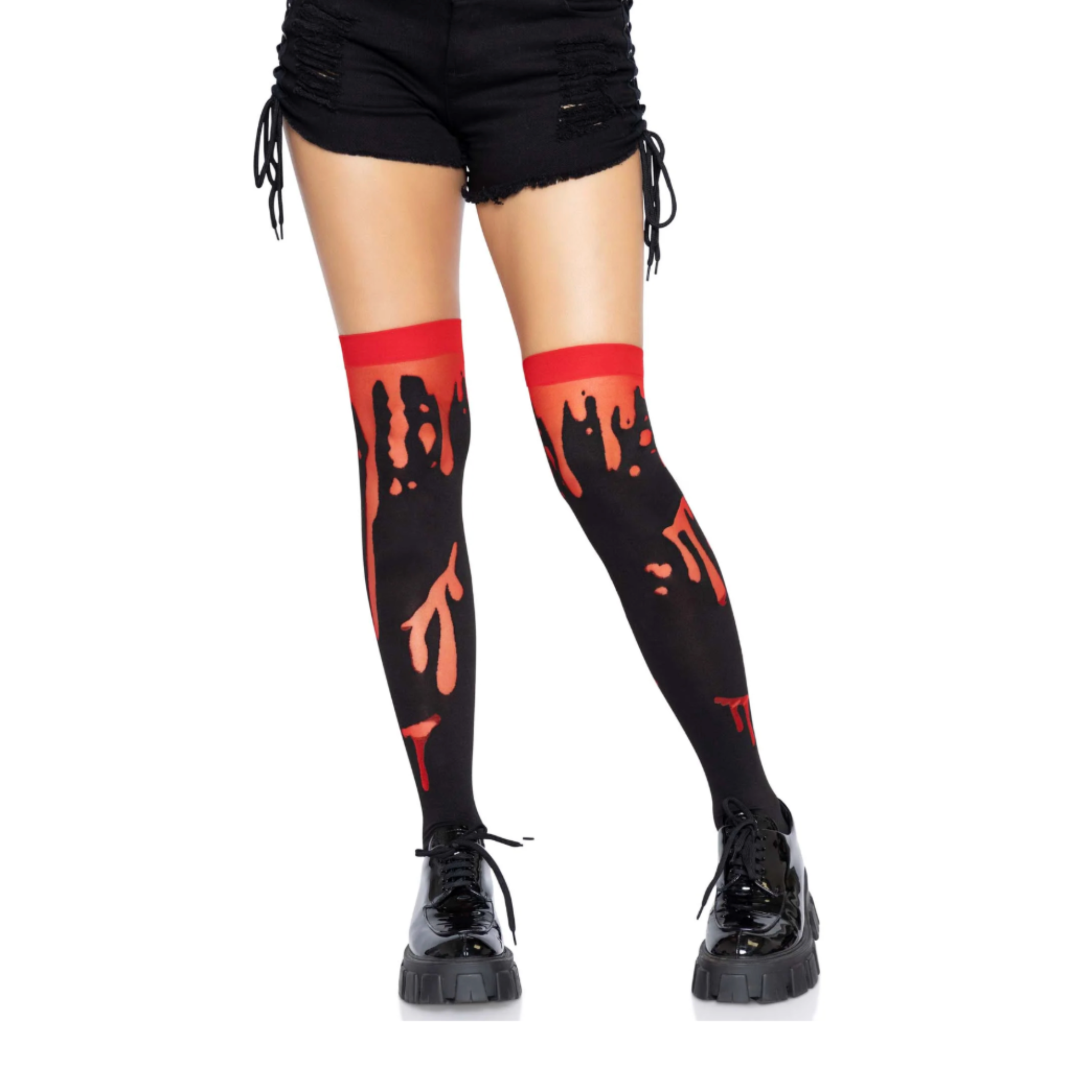 splatter thigh highs halloween stockings blood drip alien goo vivid non fade colors reinforced toe nylon hosiery spooky costume party fetish factory one size