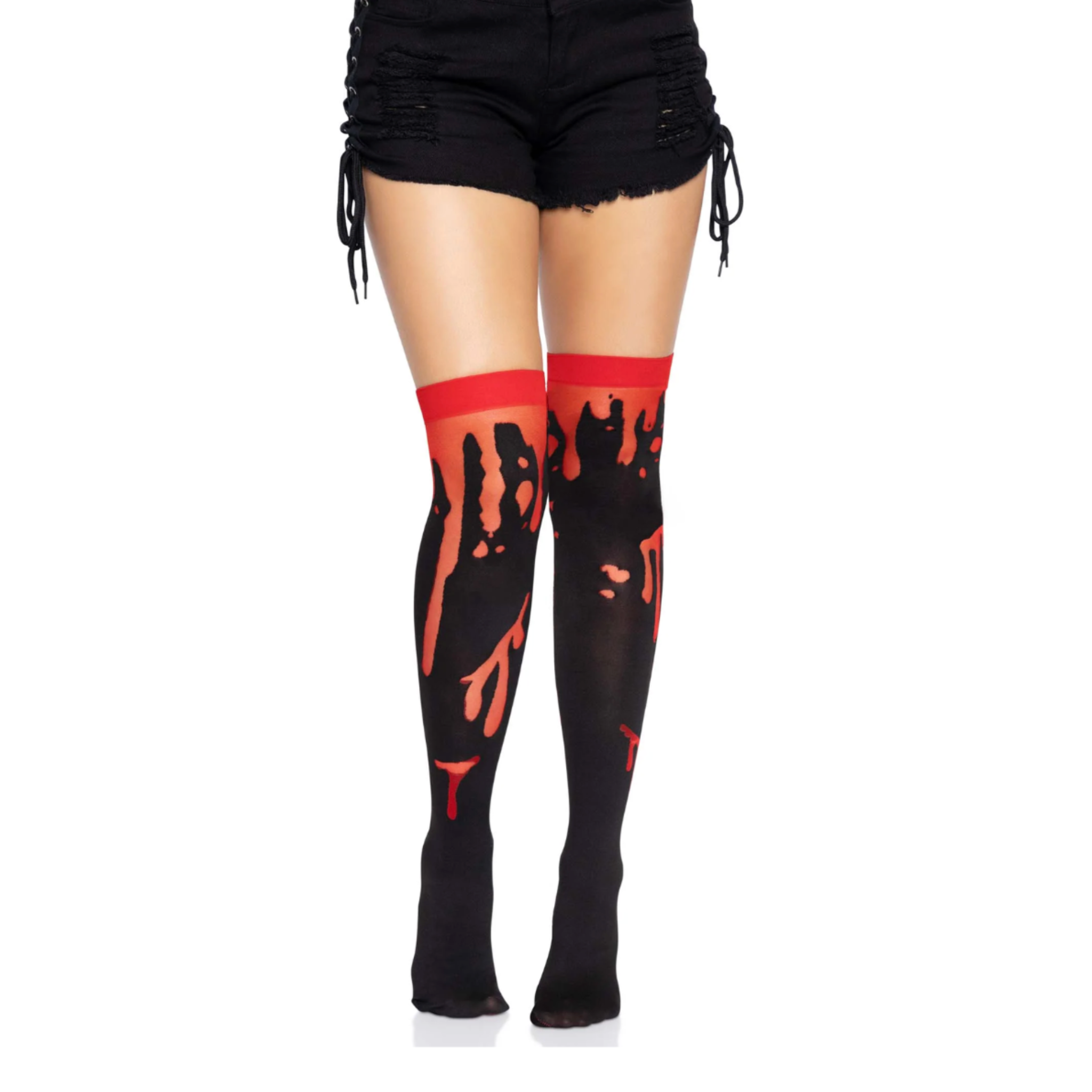 splatter thigh highs halloween stockings blood drip alien goo vivid non fade colors reinforced toe nylon hosiery spooky costume party fetish factory one size