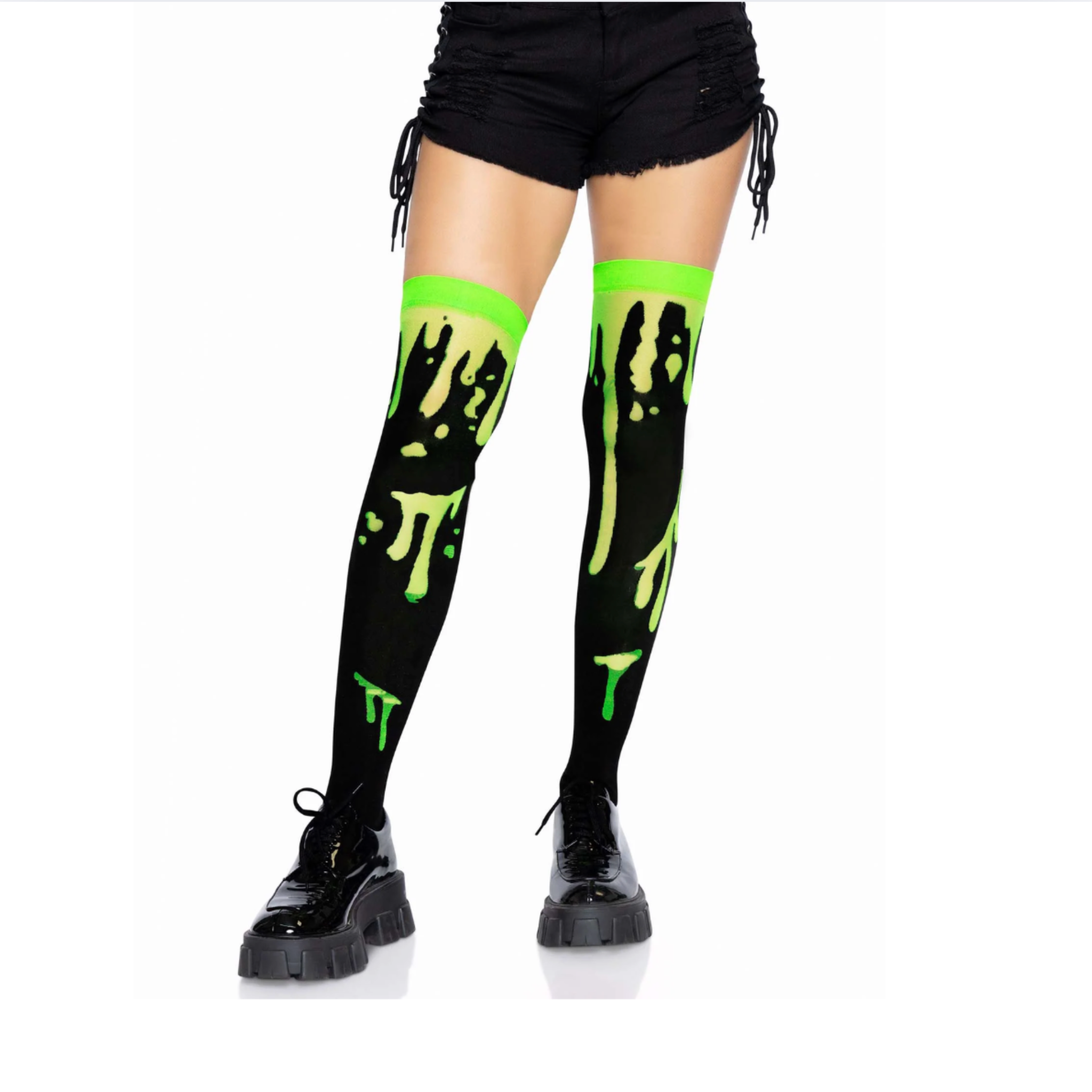splatter thigh highs halloween stockings blood drip alien goo vivid non fade colors reinforced toe nylon hosiery spooky costume party fetish factory one size