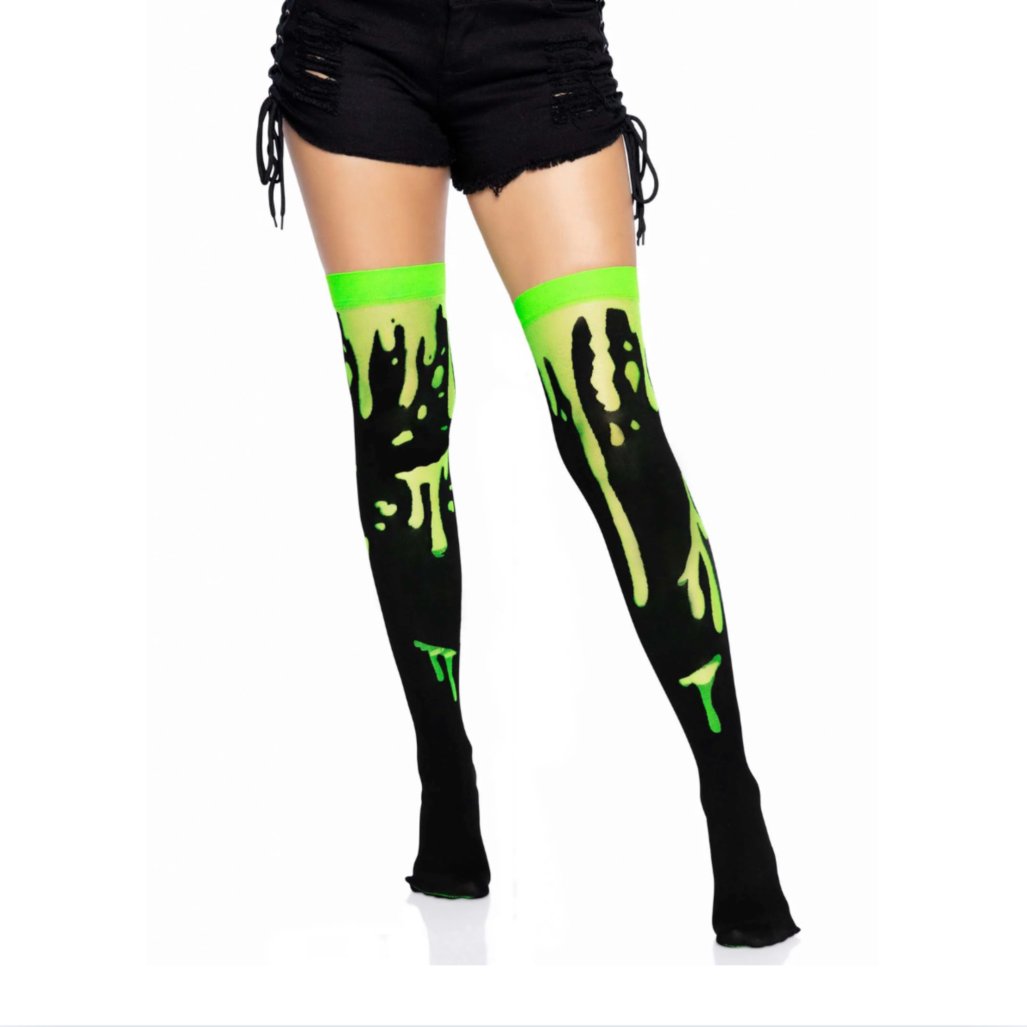 splatter thigh highs halloween stockings blood drip alien goo vivid non fade colors reinforced toe nylon hosiery spooky costume party fetish factory one size