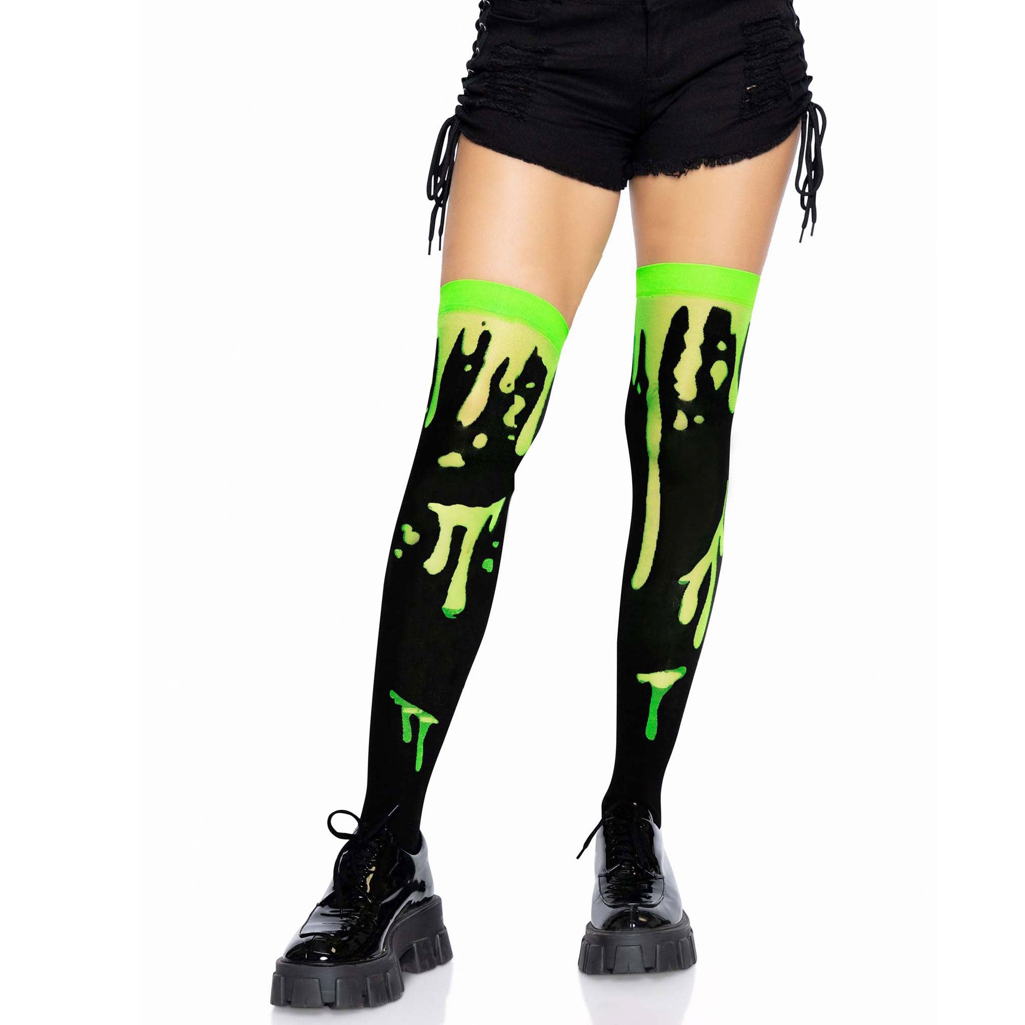 Polyester nylon Spandex accessories intimates hosiery stockings thigh-high comfortable soft splatter liquid blood drip alien-goo vivid non-fading reinforced-toe durable fashion alt-fashion goth gothic punk costume cosplay halloween spooky party female femme feminine womens black green neon-green