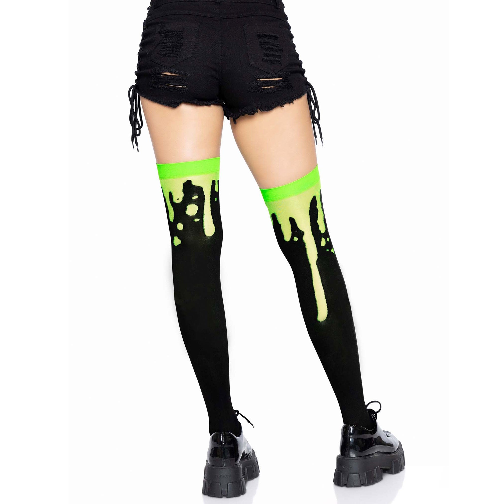 Polyester nylon Spandex accessories intimates hosiery stockings thigh-high comfortable soft splatter liquid blood drip alien-goo vivid non-fading reinforced-toe durable fashion alt-fashion goth gothic punk costume cosplay halloween spooky party female femme feminine womens black green neon-green