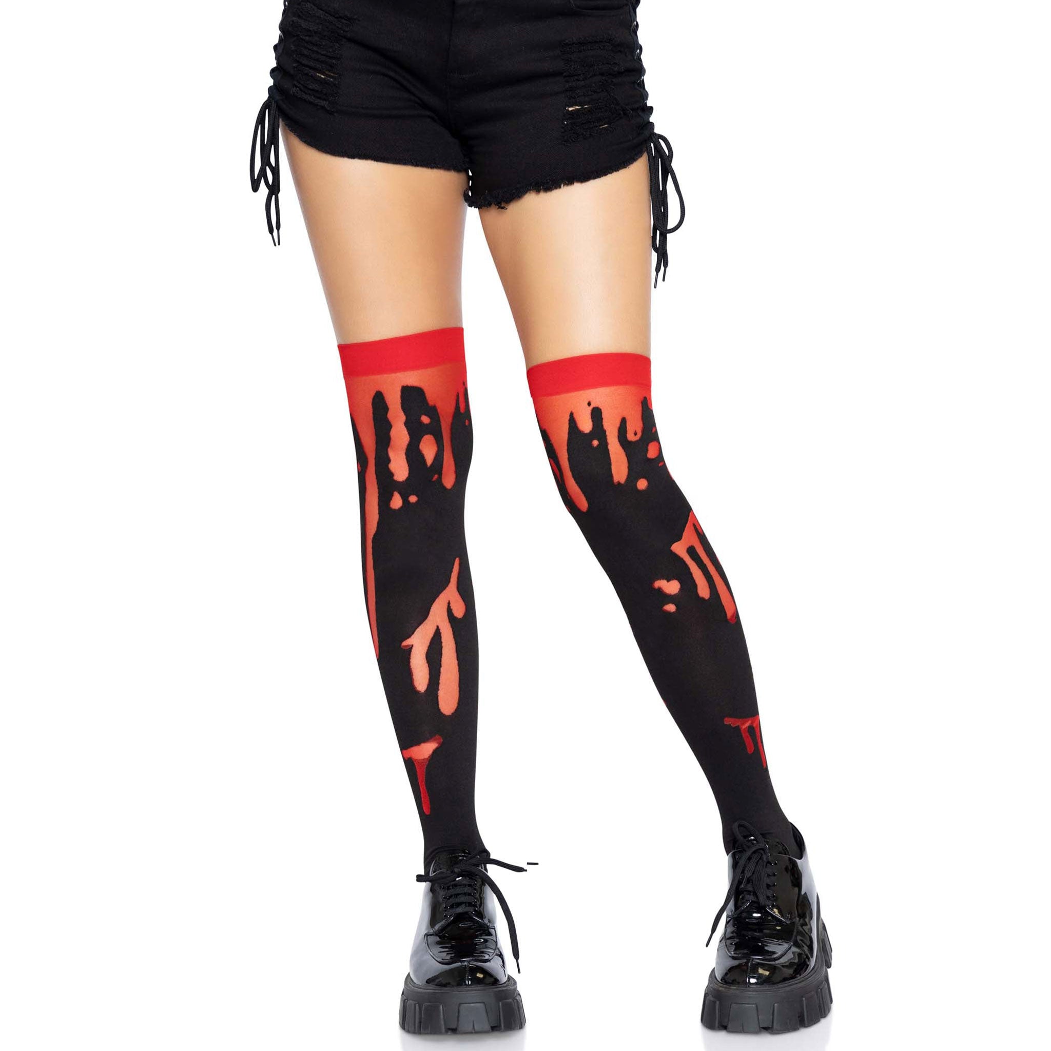 Polyester nylon Spandex accessories intimates hosiery stockings thigh-high comfortable soft splatter liquid blood drip alien-goo vivid non-fading reinforced-toe durable fashion alt-fashion goth gothic punk costume cosplay halloween spooky party female femme feminine womens black red