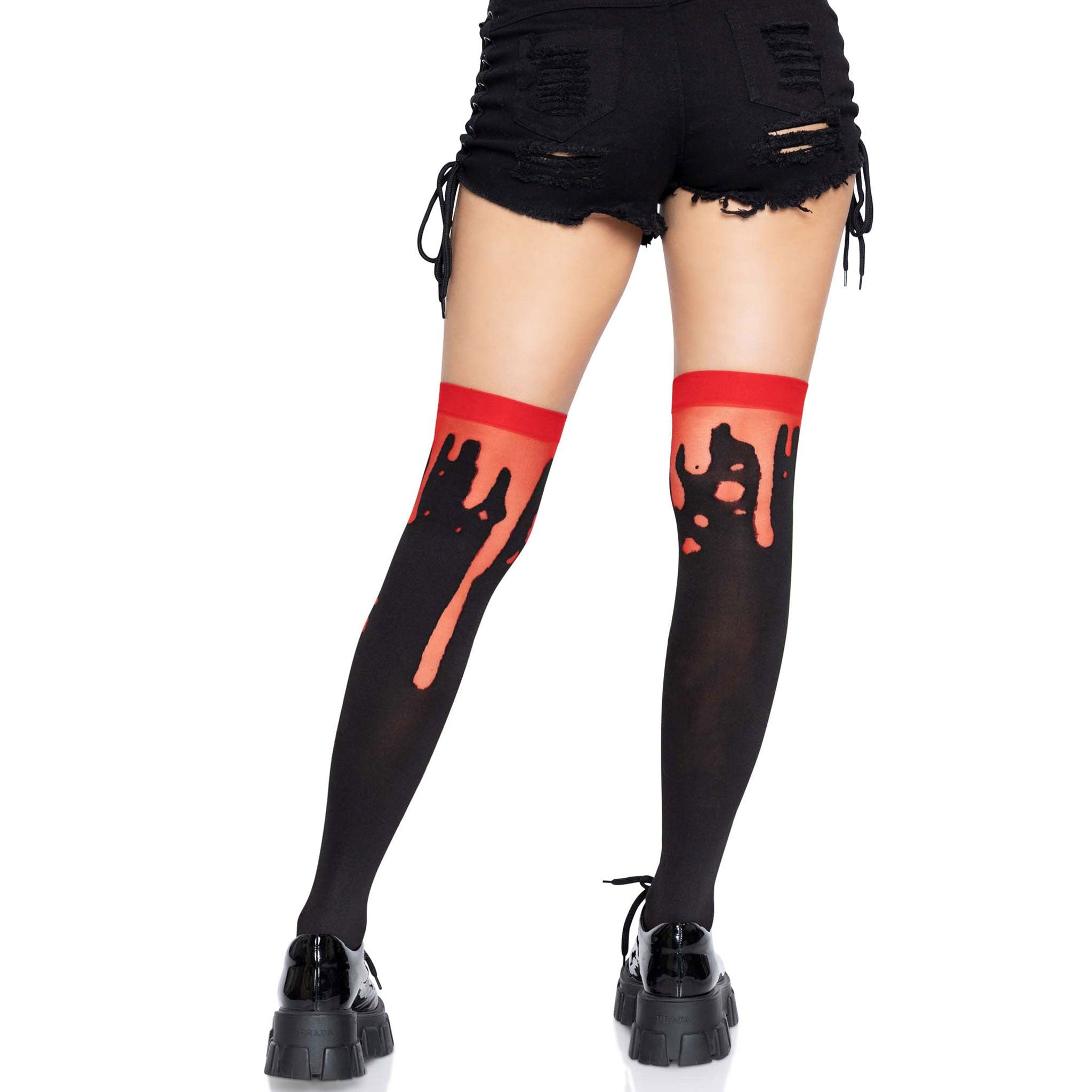 Polyester nylon Spandex accessories intimates hosiery stockings thigh-high comfortable soft splatter liquid blood drip alien-goo vivid non-fading reinforced-toe durable fashion alt-fashion goth gothic punk costume cosplay halloween spooky party female femme feminine womens black red