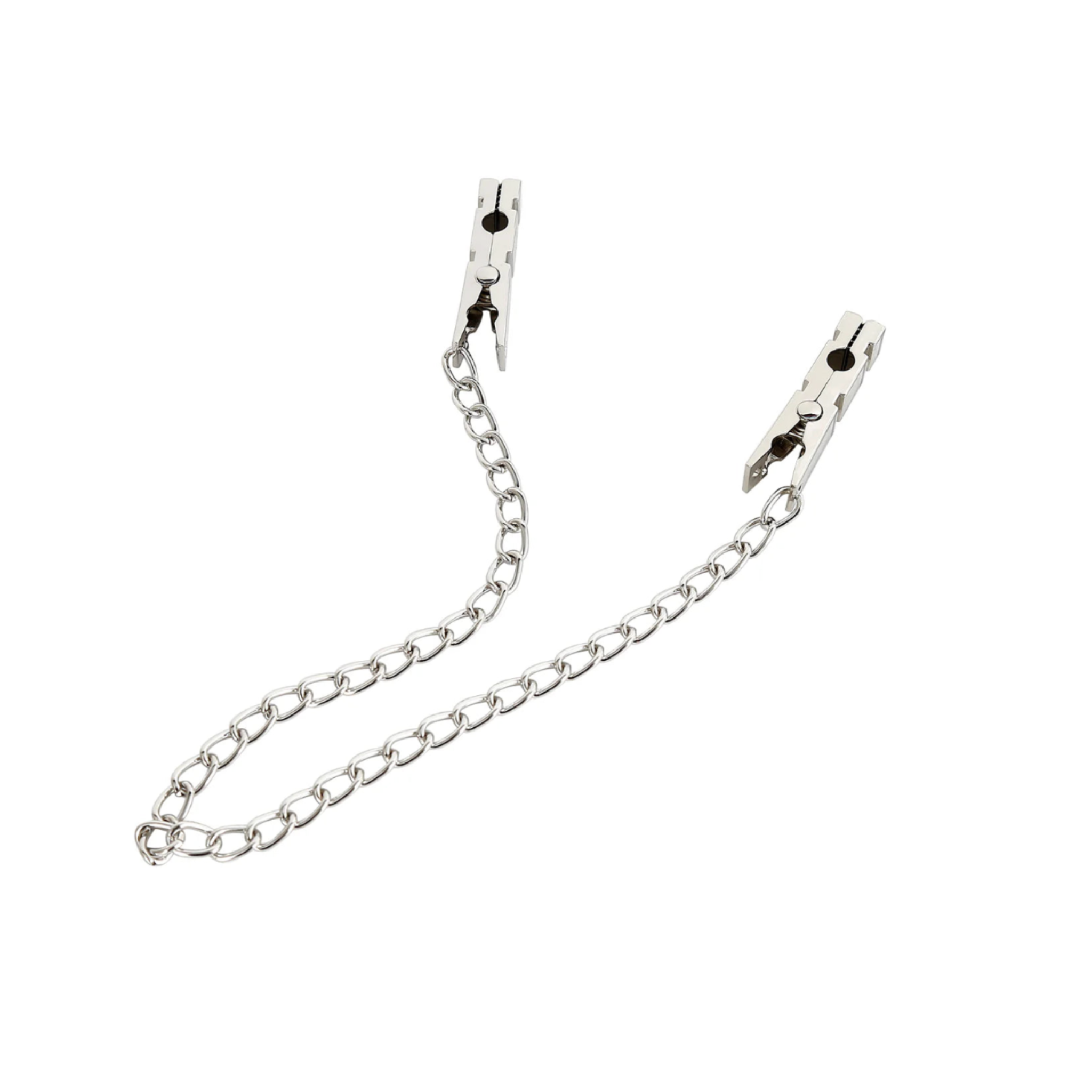 Stainless steel nipple clamps with chain, BDSM nipple play clamps, adjustable metal nipple clips, bondage restraint clamps, sensory play clamps.