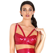 Starbust latex bra red shiny latex crossed straps supportive fetish lingerie bold boudoir latex top.