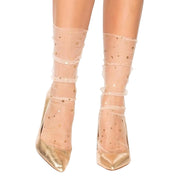 Tulle mesh sheer see-thru transparent accessories intimates hosiery socks ankle-socks anklet-socks ankle-length unfinished-top reinforced-toe twinkling-stars crescent-moon embellished shiny lightweight seamless versatile comfortable stylish shimmery fashion alt-fashion casual costume cosplay holiday gifts female femme feminine womens cream 