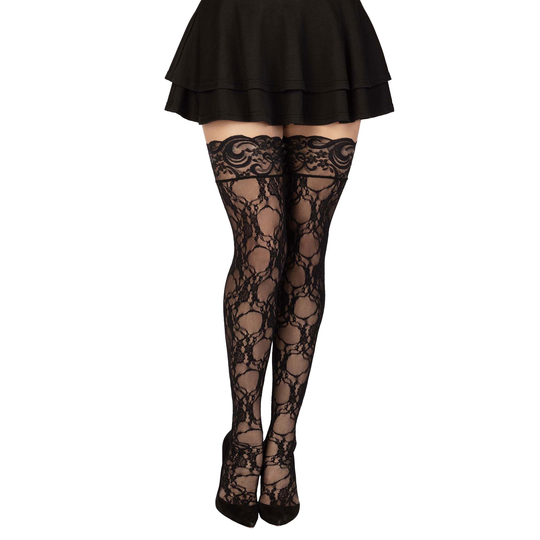Nylon lace floral-lace floral accessories intimates hosiery pantyhose panty-hose stockings thigh-high thigh-hi form-fitting flattering soft woven intricate elegant mysterious breathable comfortable fetish fashion alt-fashion goth gothic gothic-loli costume cosplay halloween lolicon female femme feminine womens black