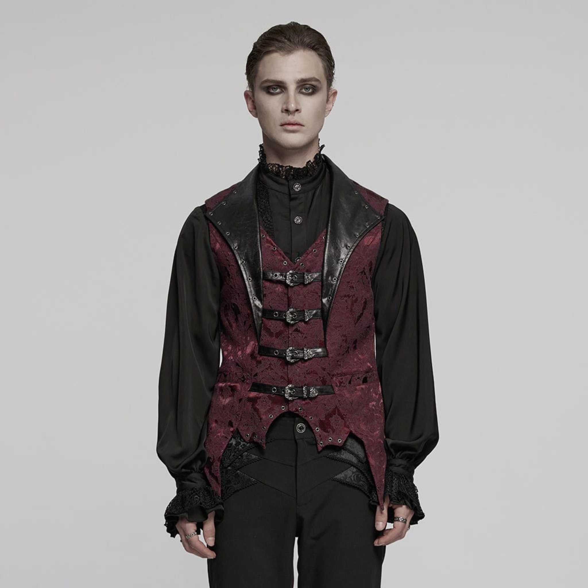steampunk buckle waistcoat gothic jacquard vest victorian brocade batwing collar buckle closure leather accents adjustable belt gothic fashion alternative fetish factory