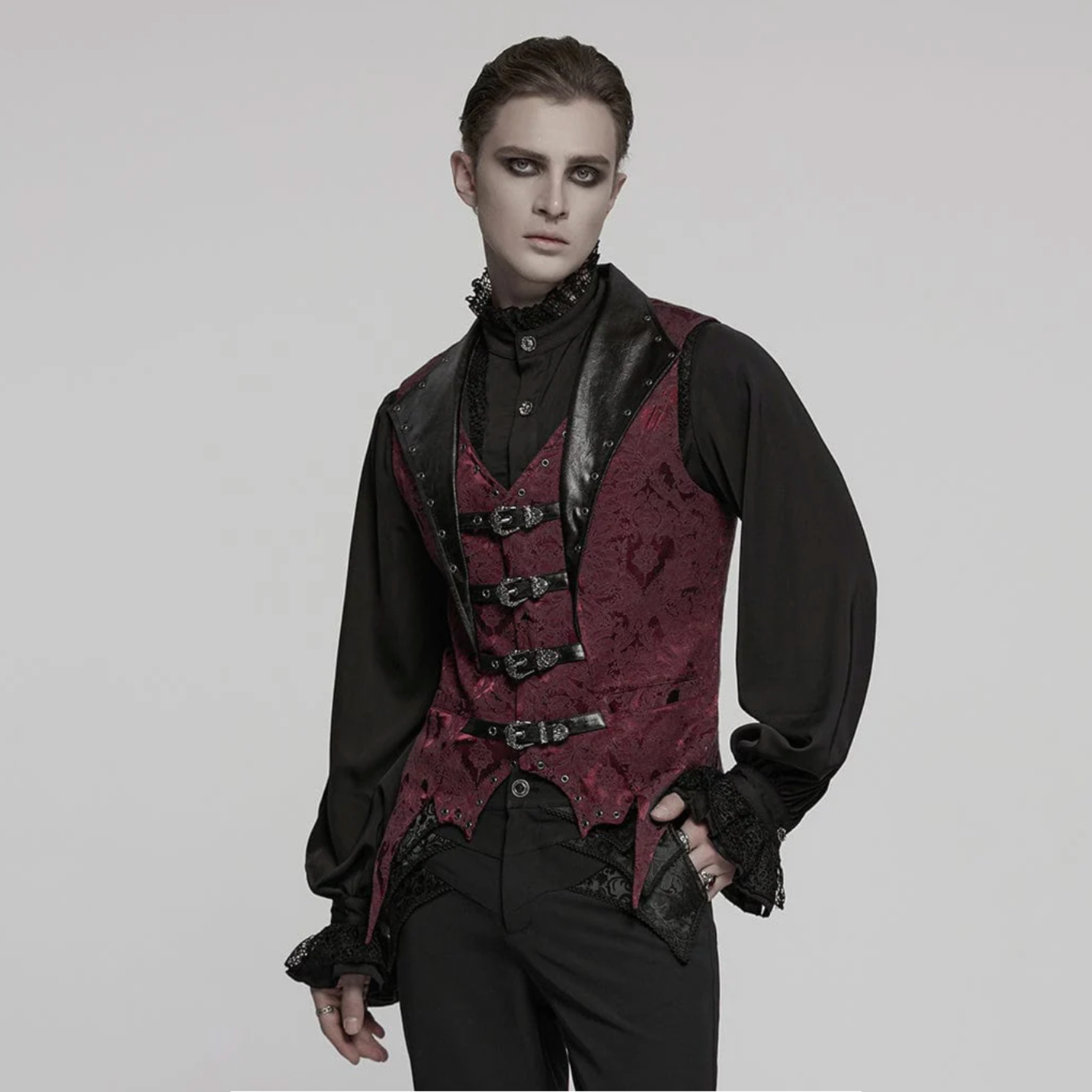 steampunk buckle waistcoat gothic jacquard vest victorian brocade batwing collar buckle closure leather accents adjustable belt gothic fashion alternative fetish factory