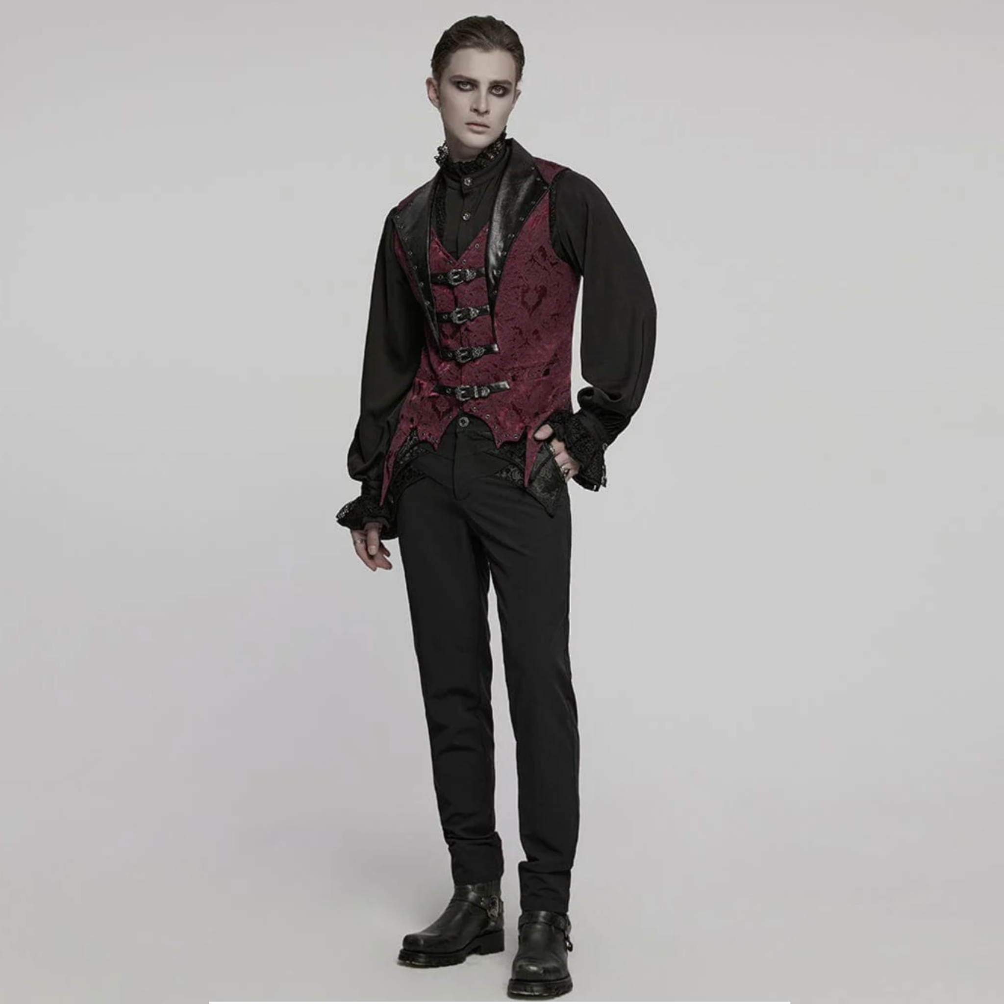 steampunk buckle waistcoat gothic jacquard vest victorian brocade batwing collar buckle closure leather accents adjustable belt gothic fashion alternative fetish factory