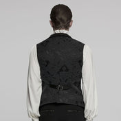 Polyester cotton elastane Spandex embroidered-fabric jacquard brocade leather faux-leather textured floral top outerwear vest waistcoat buckle-front adjustable scalloped-hem long-points elongated tailored-fit fashion alternative alt-fashion goth gothic victorian victorian-inspired steampunk costume cosplay halloween vampire batwing male masculine masc mens menswear guys dudes black