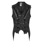 Polyester cotton elastane Spandex embroidered-fabric jacquard brocade leather faux-leather textured floral top outerwear vest waistcoat buckle-front adjustable scalloped-hem long-points elongated tailored-fit fashion alternative alt-fashion goth gothic victorian victorian-inspired steampunk costume cosplay halloween vampire batwing male masculine masc mens menswear guys dudes black