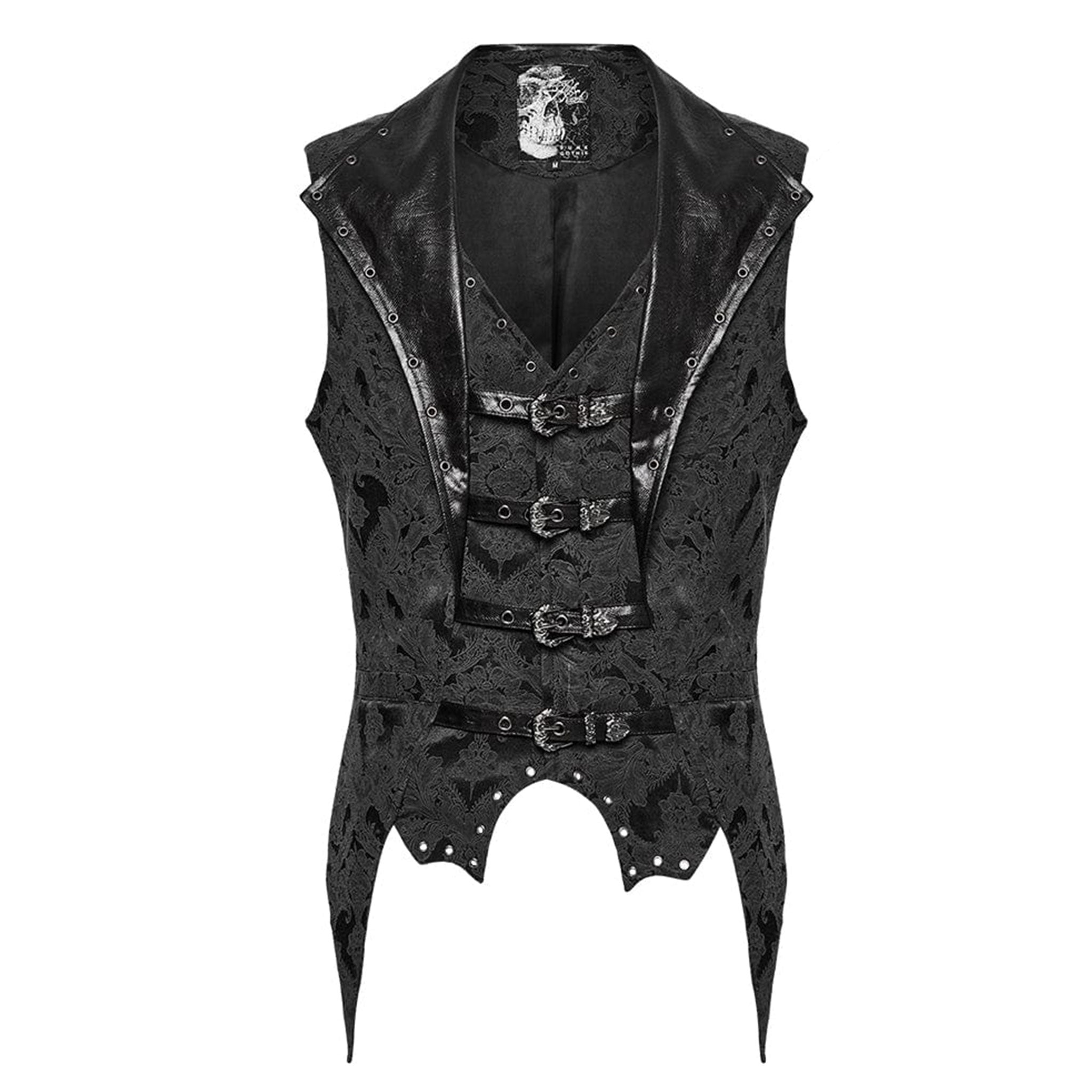 Polyester cotton elastane Spandex embroidered-fabric jacquard brocade leather faux-leather textured floral top outerwear vest waistcoat buckle-front adjustable scalloped-hem long-points elongated tailored-fit fashion alternative alt-fashion goth gothic victorian victorian-inspired steampunk costume cosplay halloween vampire batwing male masculine masc mens menswear guys dudes black