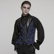 Polyester cotton elastane Spandex embroidered-fabric jacquard brocade leather faux-leather textured floral top outerwear vest waistcoat buckle-front adjustable scalloped-hem long-points elongated tailored-fit fashion alternative alt-fashion goth gothic victorian victorian-inspired steampunk costume cosplay halloween vampire batwing male masculine masc mens menswear guys dudes black blue