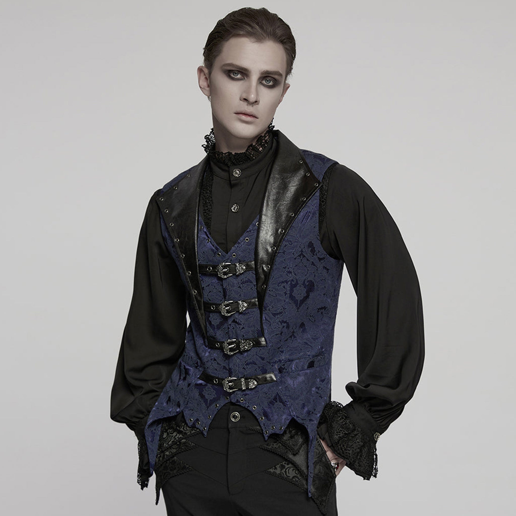 Polyester cotton elastane Spandex embroidered-fabric jacquard brocade leather faux-leather textured floral top outerwear vest waistcoat buckle-front adjustable scalloped-hem long-points elongated tailored-fit fashion alternative alt-fashion goth gothic victorian victorian-inspired steampunk costume cosplay halloween vampire batwing male masculine masc mens menswear guys dudes black blue