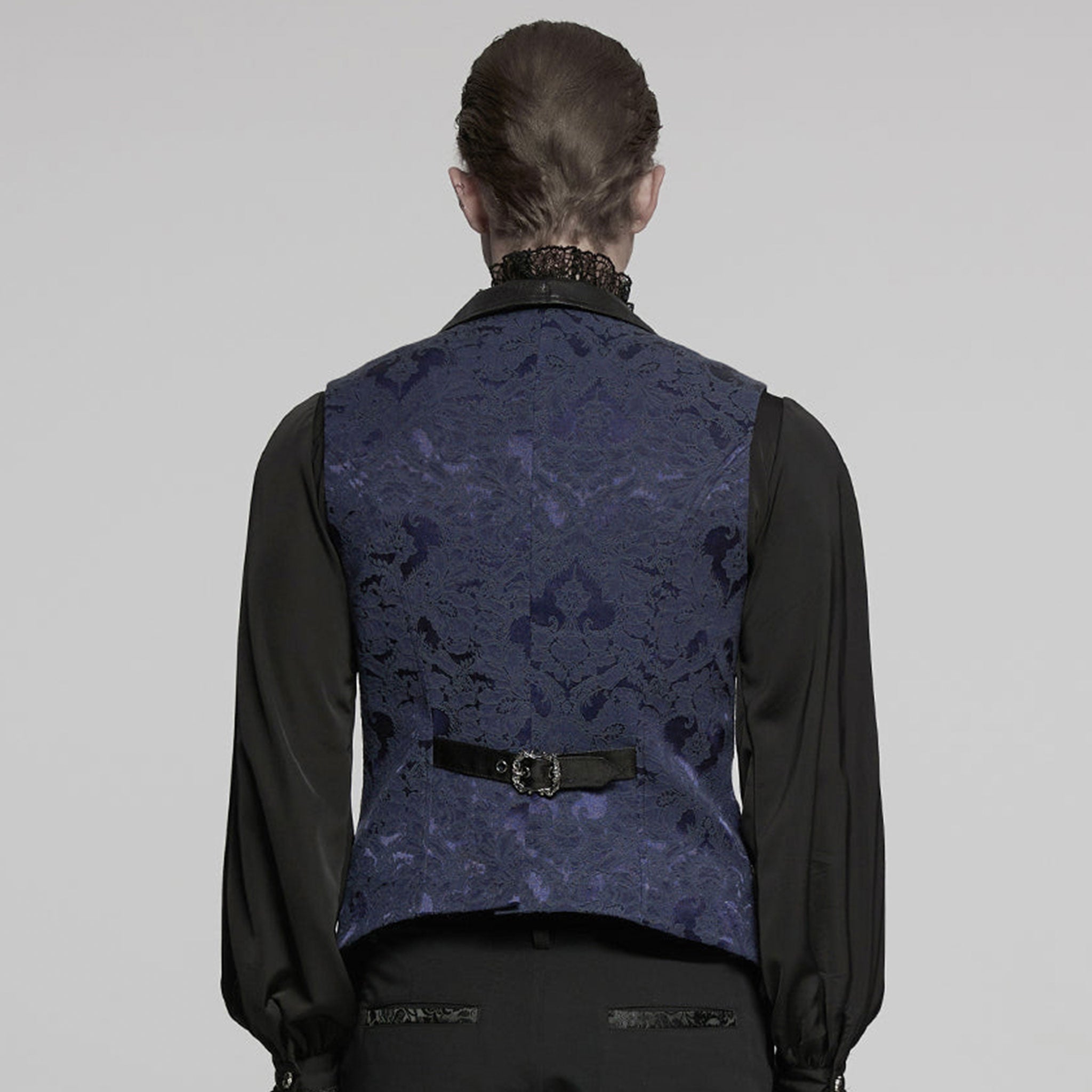 Polyester cotton elastane Spandex embroidered-fabric jacquard brocade leather faux-leather textured floral top outerwear vest waistcoat buckle-front adjustable scalloped-hem long-points elongated tailored-fit fashion alternative alt-fashion goth gothic victorian victorian-inspired steampunk costume cosplay halloween vampire batwing male masculine masc mens menswear guys dudes black blue