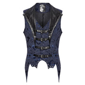 Polyester cotton elastane Spandex embroidered-fabric jacquard brocade leather faux-leather textured floral top outerwear vest waistcoat buckle-front adjustable scalloped-hem long-points elongated tailored-fit fashion alternative alt-fashion goth gothic victorian victorian-inspired steampunk costume cosplay halloween vampire batwing male masculine masc mens menswear guys dudes black blue