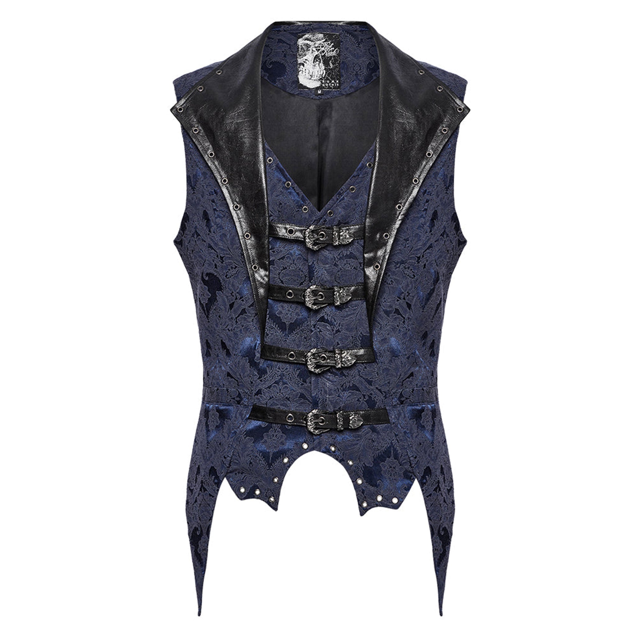 Polyester cotton elastane Spandex embroidered-fabric jacquard brocade leather faux-leather textured floral top outerwear vest waistcoat buckle-front adjustable scalloped-hem long-points elongated tailored-fit fashion alternative alt-fashion goth gothic victorian victorian-inspired steampunk costume cosplay halloween vampire batwing male masculine masc mens menswear guys dudes black blue