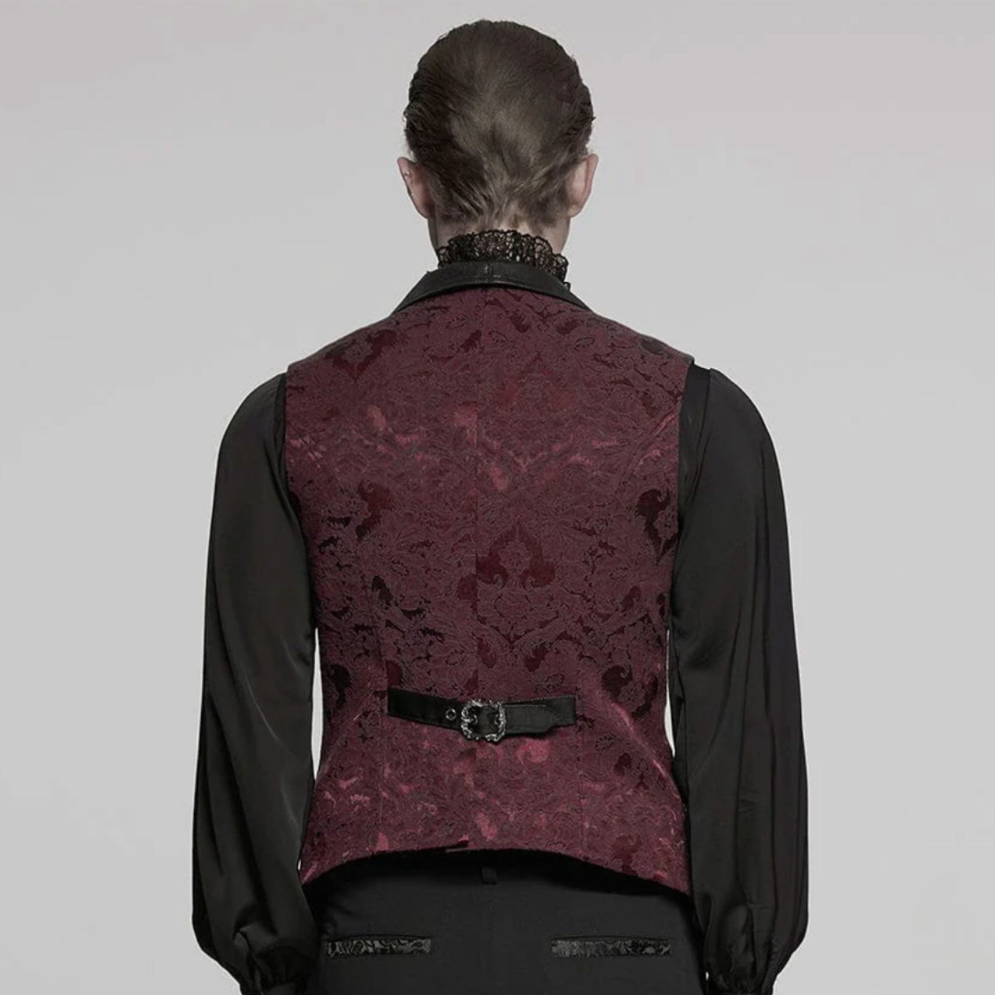 Polyester cotton elastane Spandex embroidered-fabric jacquard brocade leather faux-leather textured floral top outerwear vest waistcoat buckle-front adjustable scalloped-hem long-points elongated tailored-fit fashion alternative alt-fashion goth gothic victorian victorian-inspired steampunk costume cosplay halloween vampire batwing male masculine masc mens menswear guys dudes black red