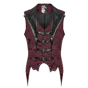 Polyester cotton elastane Spandex embroidered-fabric jacquard brocade leather faux-leather textured floral top outerwear vest waistcoat buckle-front adjustable scalloped-hem long-points elongated tailored-fit fashion alternative alt-fashion goth gothic victorian victorian-inspired steampunk costume cosplay halloween vampire batwing male masculine masc mens menswear guys dudes black red