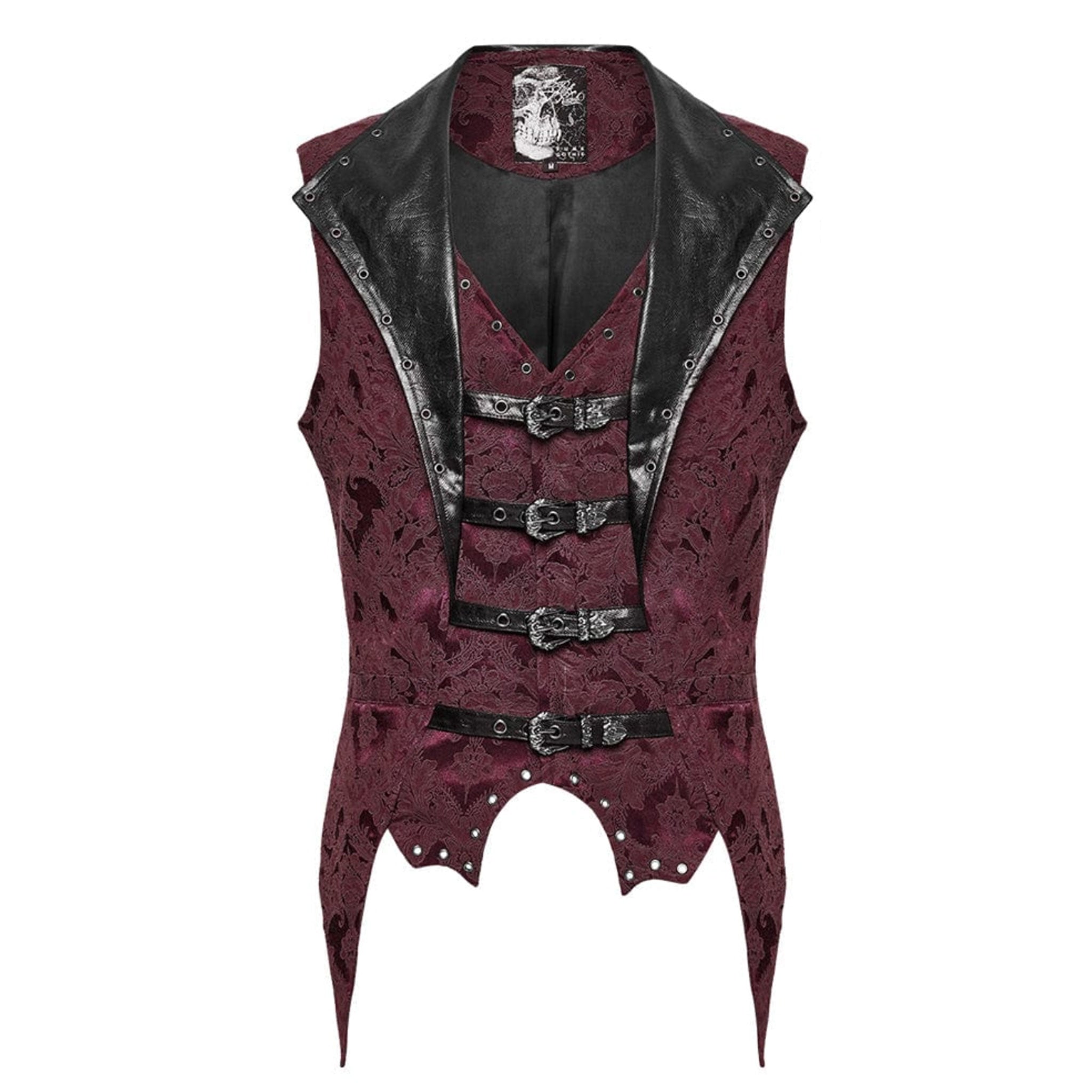 Polyester cotton elastane Spandex embroidered-fabric jacquard brocade leather faux-leather textured floral top outerwear vest waistcoat buckle-front adjustable scalloped-hem long-points elongated tailored-fit fashion alternative alt-fashion goth gothic victorian victorian-inspired steampunk costume cosplay halloween vampire batwing male masculine masc mens menswear guys dudes black red