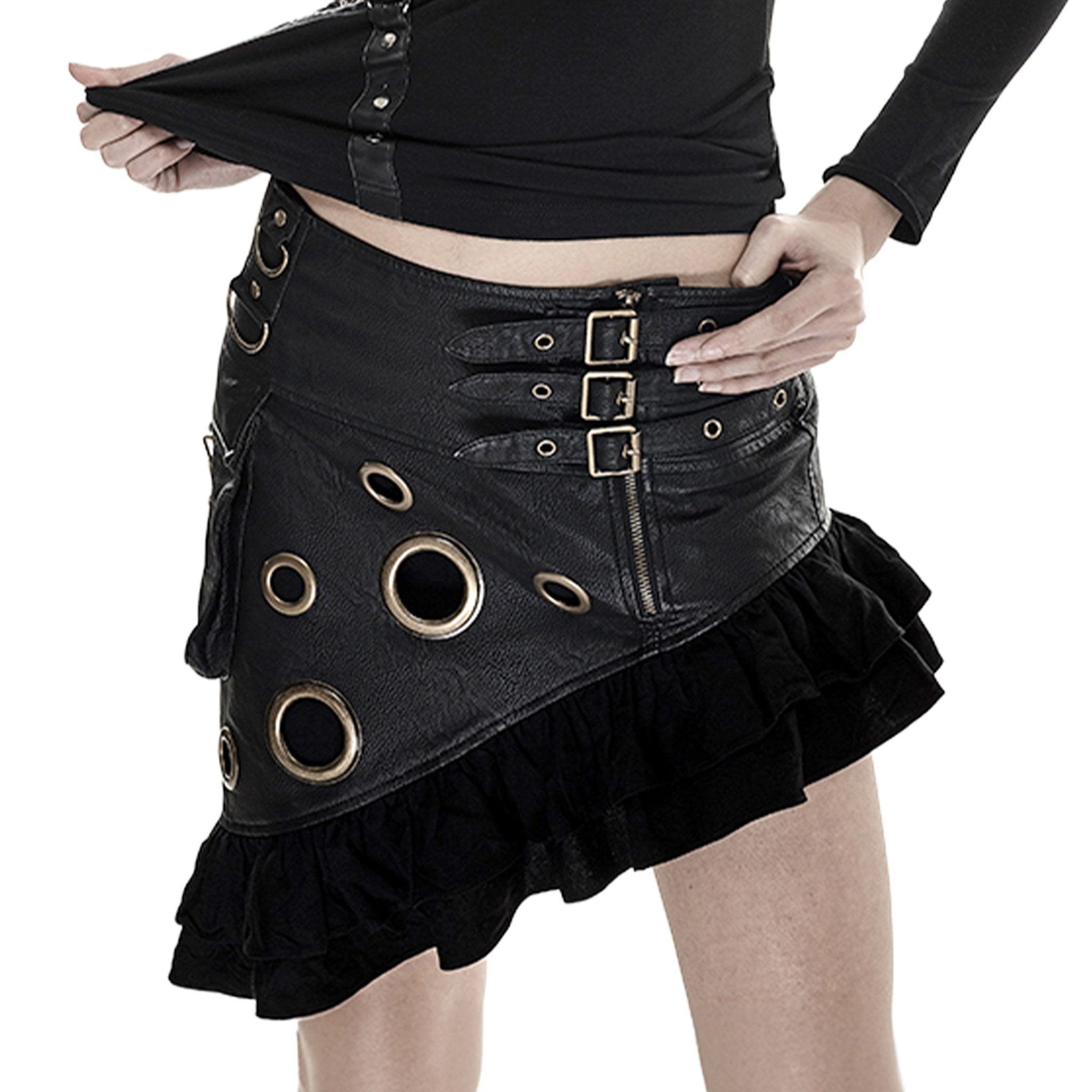 Leather faux-leather PU-leather vegan-leather grommets eyelets viscose apparel bottoms skirt short-skirt mini-skirt flounce asymmetrical-hem ruffles adjustable buckle cargo-pocket spring-clasp D-ring fitted fashion alt-fashion alternative punk steampunk goth gothic festival rave raver-babe costume cosplay halloween female femme feminine womens black