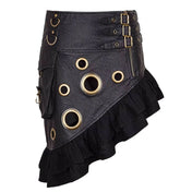 Leather faux-leather PU-leather vegan-leather grommets eyelets viscose apparel bottoms skirt short-skirt mini-skirt flounce asymmetrical-hem ruffles adjustable buckle cargo-pocket spring-clasp D-ring fitted fashion alt-fashion alternative punk steampunk goth gothic festival rave raver-babe costume cosplay halloween female femme feminine womens black