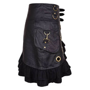 Leather faux-leather PU-leather vegan-leather grommets eyelets viscose apparel bottoms skirt short-skirt mini-skirt flounce asymmetrical-hem ruffles adjustable buckle cargo-pocket spring-clasp D-ring fitted fashion alt-fashion alternative punk steampunk goth gothic festival rave raver-babe costume cosplay halloween female femme feminine womens black