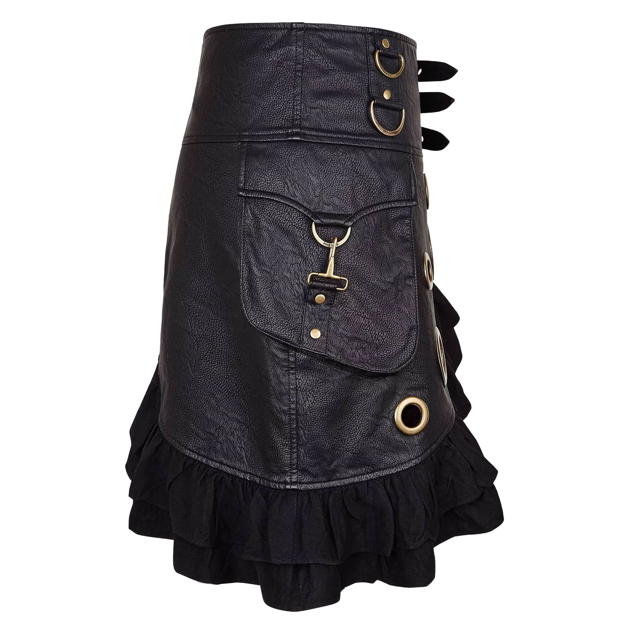 Leather faux-leather PU-leather vegan-leather grommets eyelets viscose apparel bottoms skirt short-skirt mini-skirt flounce asymmetrical-hem ruffles adjustable buckle cargo-pocket spring-clasp D-ring fitted fashion alt-fashion alternative punk steampunk goth gothic festival rave raver-babe costume cosplay halloween female femme feminine womens black