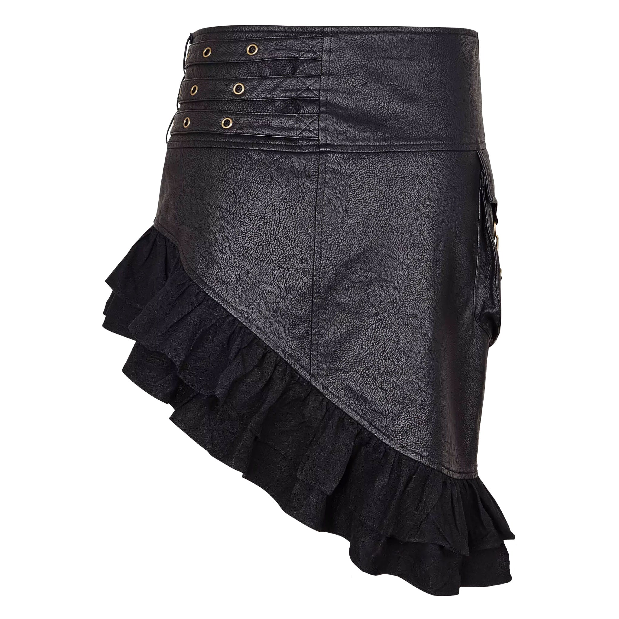 Leather faux-leather PU-leather vegan-leather grommets eyelets viscose apparel bottoms skirt short-skirt mini-skirt flounce asymmetrical-hem ruffles adjustable buckle cargo-pocket spring-clasp D-ring fitted fashion alt-fashion alternative punk steampunk goth gothic festival rave raver-babe costume cosplay halloween female femme feminine womens black