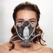 Plastic molded-plastic elastic accessories headgear mask gasmask breathing-filter single-filter twistoff twist-off segmented-tubes metal-tubes flexible-tubes adjustable costume cosplay halloween steampunk cyberpunk ravewear clubwear festival apocalypse post-apocalypse postapocalypse punk badass unisex silver antique-silver