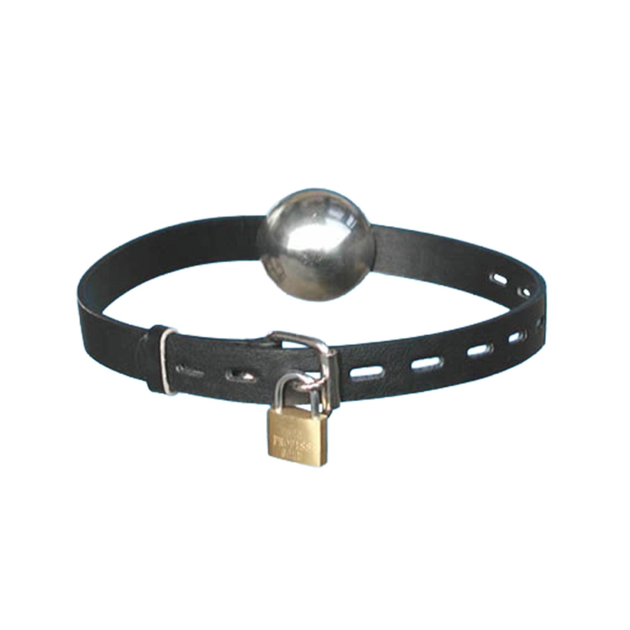 Leather latigo-leather metallic gag mouth-gag ball-gag hollow-ball head-strap locking lockable buckle adjustable lightweight light-weight bondage bdsm bdsm-gear bdsm-toys kink kinky kinky-play adult-toys black silver