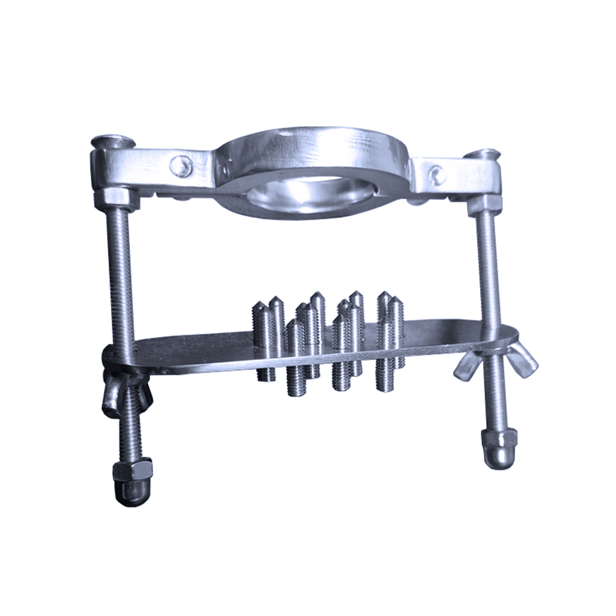 Stainless-steel cock cockring cock-ring cbt cock&ball cnb scrotum scrotal nonvibe non-vibe non-vibrating nonvibrating plate spike-plate spike spikes spiked wingnut wing-nut thumbscrew thumb-screw allen-wrench adjustable stretching ball-stretcher crushing ball-crusher versatile bdsm bondage sadism sadist masochism masochist kink kink kinky-play adult-toys medical silver