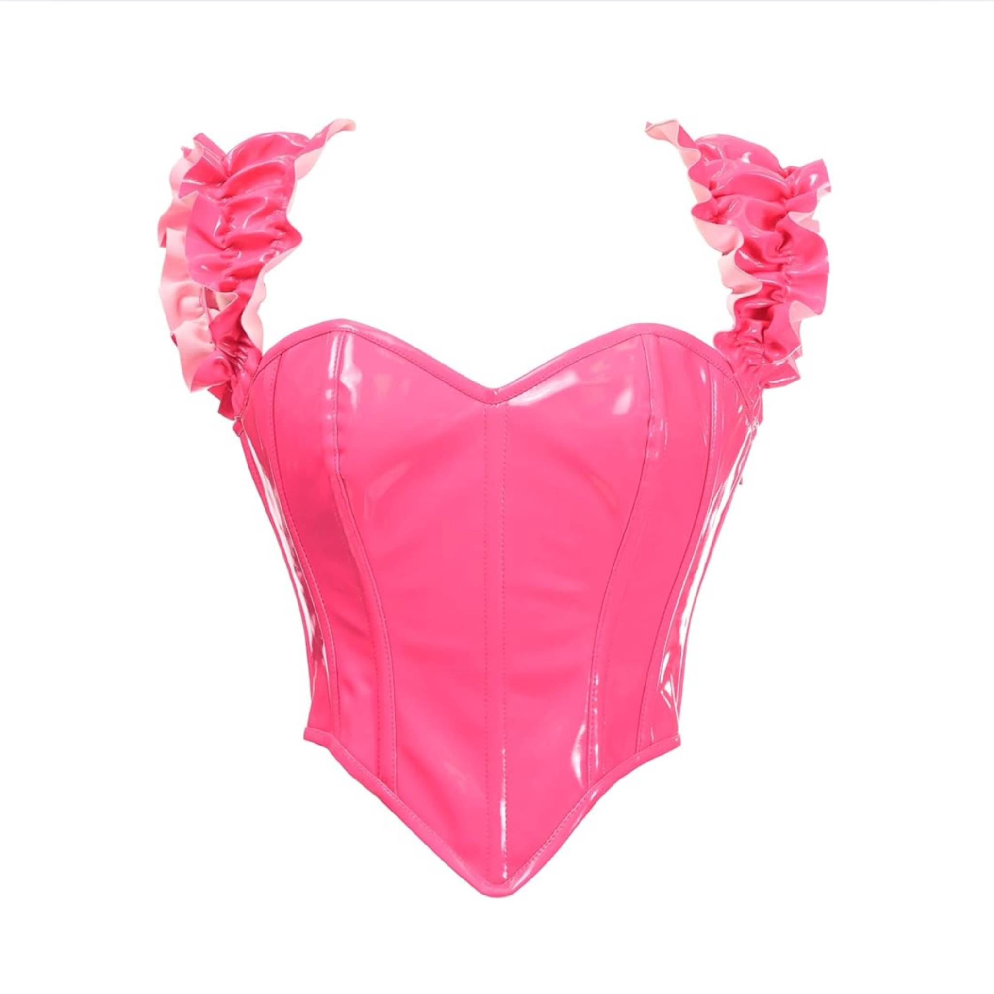 hot pink patent bustier corset with ruffle sleeves, steel boned corset sweetheart neckline, shiny pink pvc off shoulder bustier, lace up back corset hot pink fetishwear, structured pvc corset with zipper and steel bones