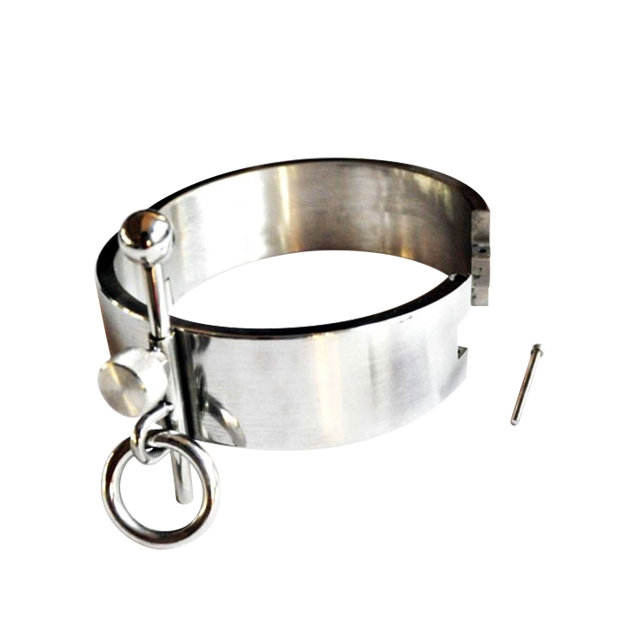 Stainless-steel collar posture posture-collar bondage-collar hinged O-ring thick raising-head riser-bar riser adjustable heavy-duty allen-key luxury unisex bondage bdsm bdsm-gear kink kinky kinky-play accessories silver
