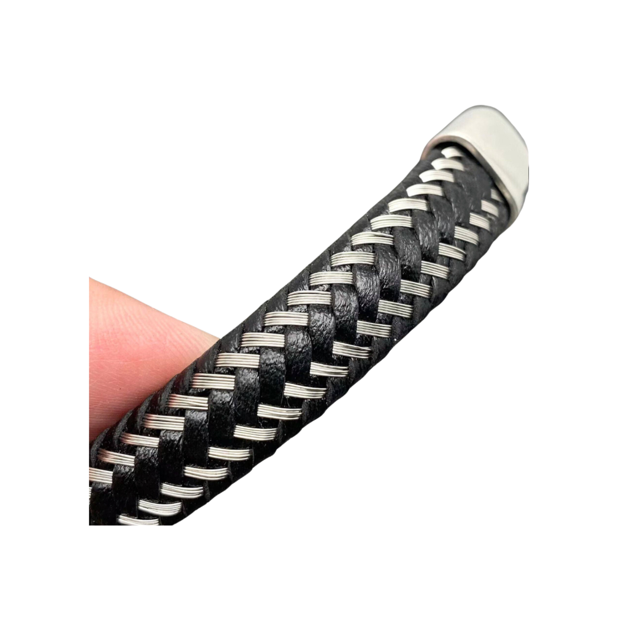 Steel Leather Woven Unlimited Knot Bangle, stainless steel, PU leather, polished finish.