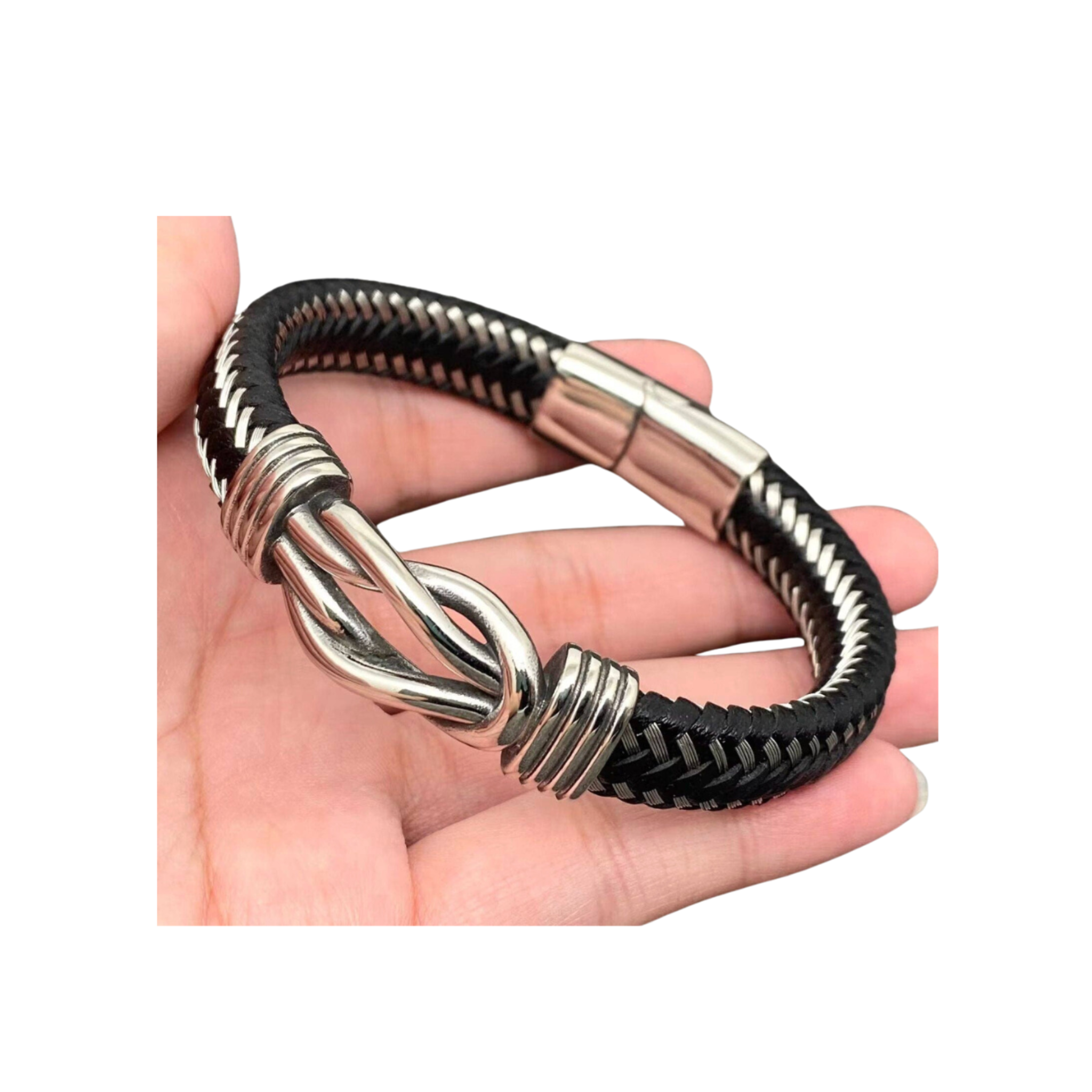 Steel Leather Woven Unlimited Knot Bangle, stainless steel, PU leather, polished finish.