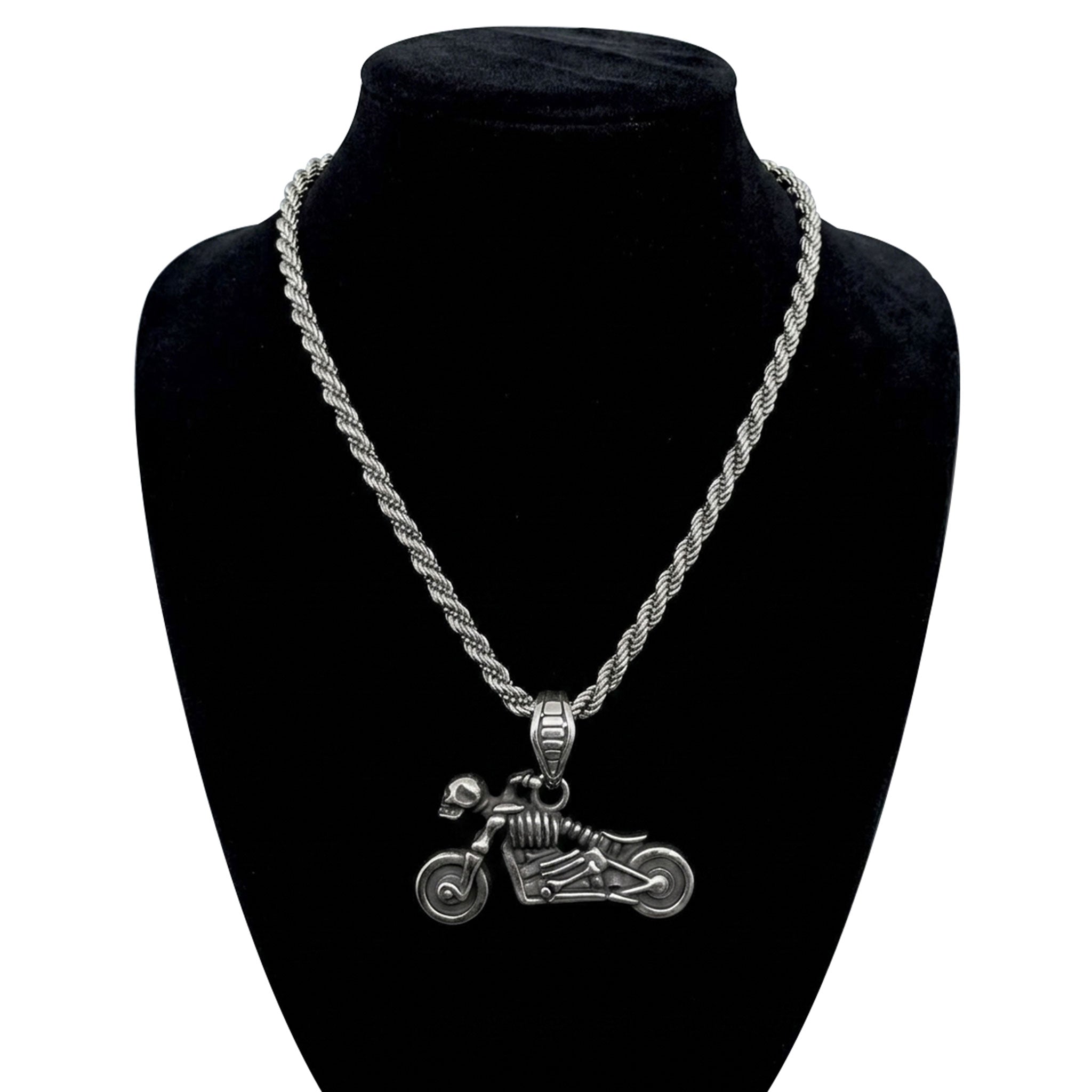 Stainless-steel jewelry-grade titanium accessories jewelry necklace chain rope-chain pendant motorcycle skull-head skull-motorcycle bold high-polish edgy fashion alt-fashion alternative punk rock goth gothic biker gift unisex silver
