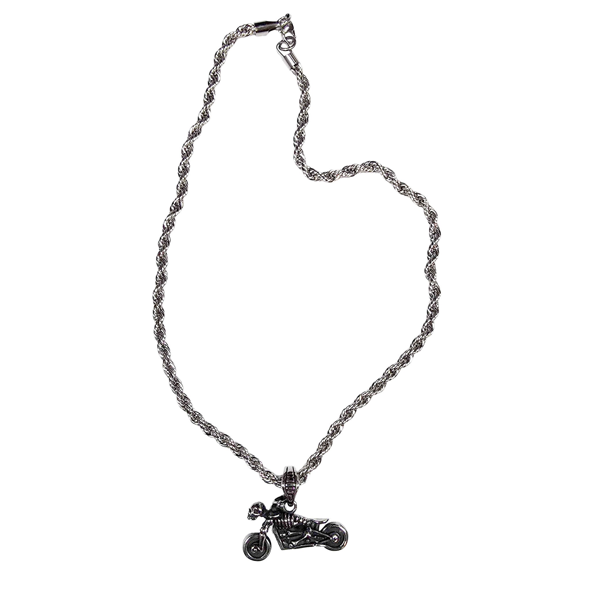 Stainless-steel jewelry-grade titanium accessories jewelry necklace chain rope-chain pendant motorcycle skull-head skull-motorcycle bold high-polish edgy fashion alt-fashion alternative punk rock goth gothic biker gift unisex silver