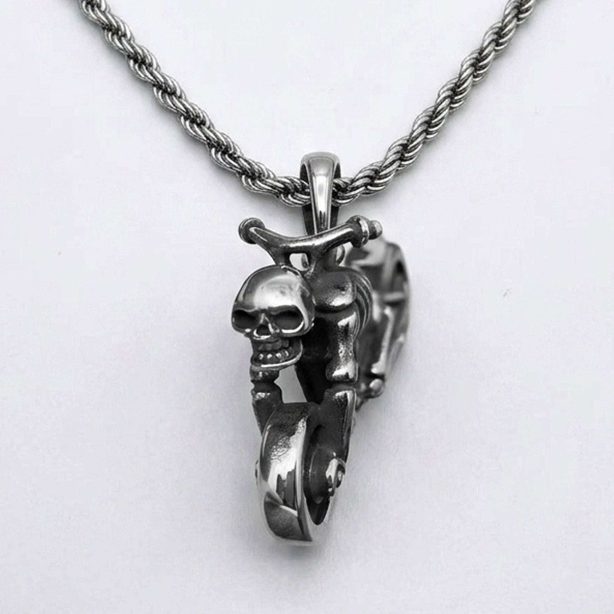 Stainless-steel jewelry-grade titanium accessories jewelry necklace chain rope-chain pendant motorcycle skull-head skull-motorcycle bold high-polish edgy fashion alt-fashion alternative punk rock goth gothic biker gift unisex silver